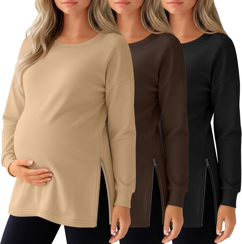 Sweetyweee Store 3 Pack Women's Maternity Shirts Long Sleeve T-Shirts Cotton Zipper Split Side Tops Casual Loose Pregnancy Clothes(Black, Brown, Khaki,Large) - Image 1